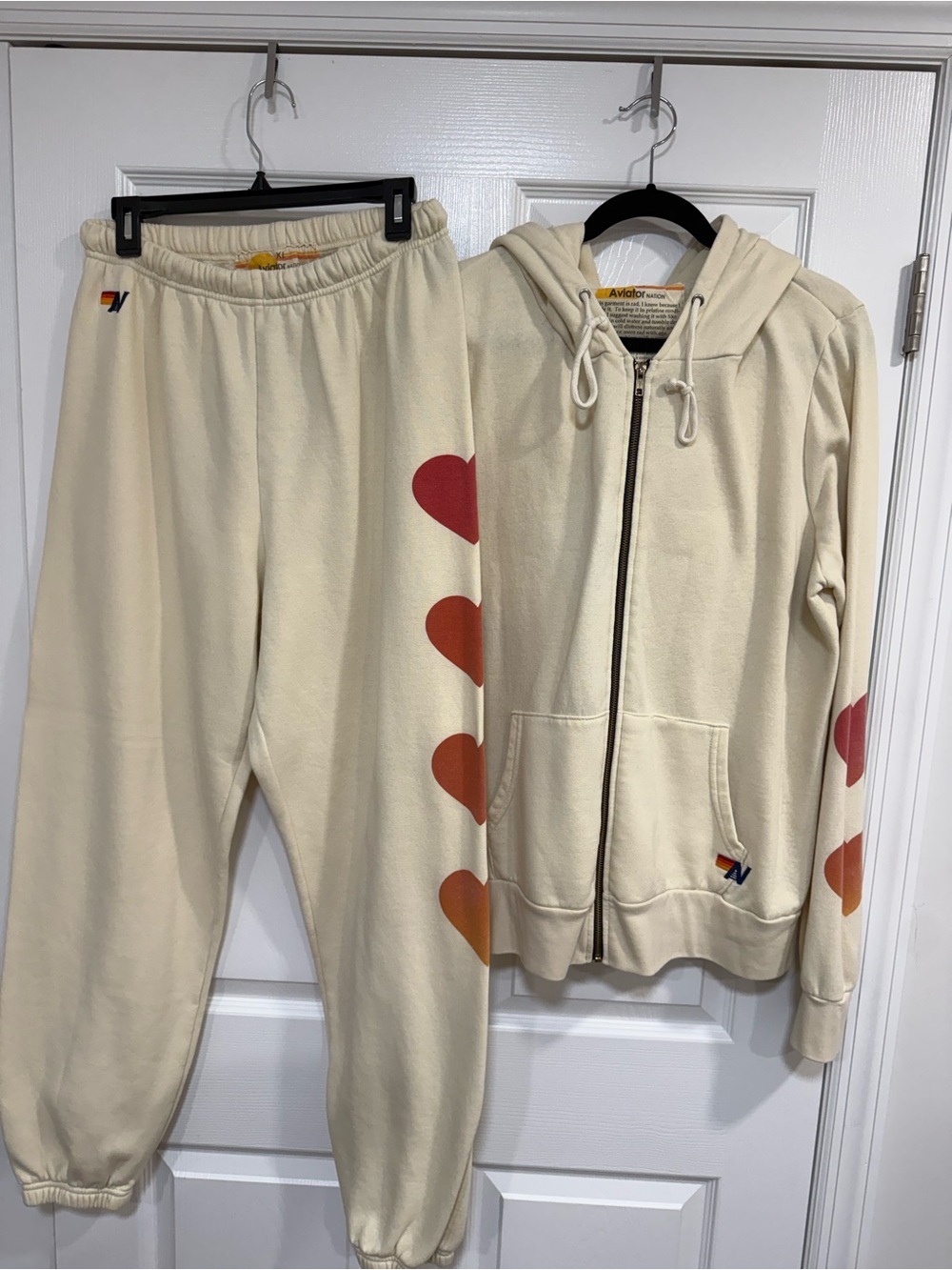 Aviator Nation Cream Hoodie & Sweatpants Set with Gradient Red-Orange Hearts